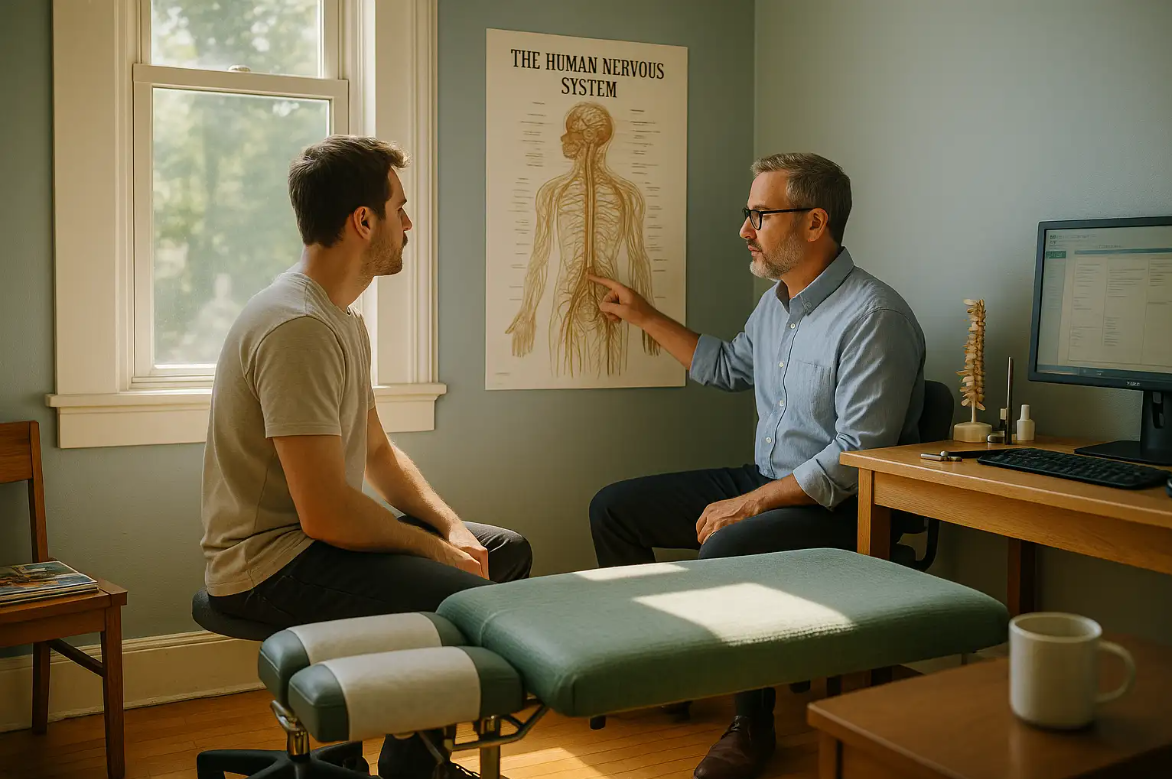 A calm Tampa chiropractic clinic with a chiropractor showing a nervous system diagram to a patient. Sunlight fills the room, highlighting organized tools, a green-covered treatment table, and subtle lived-in details, reflecting a focus on neurological care in a welcoming, professional environment.