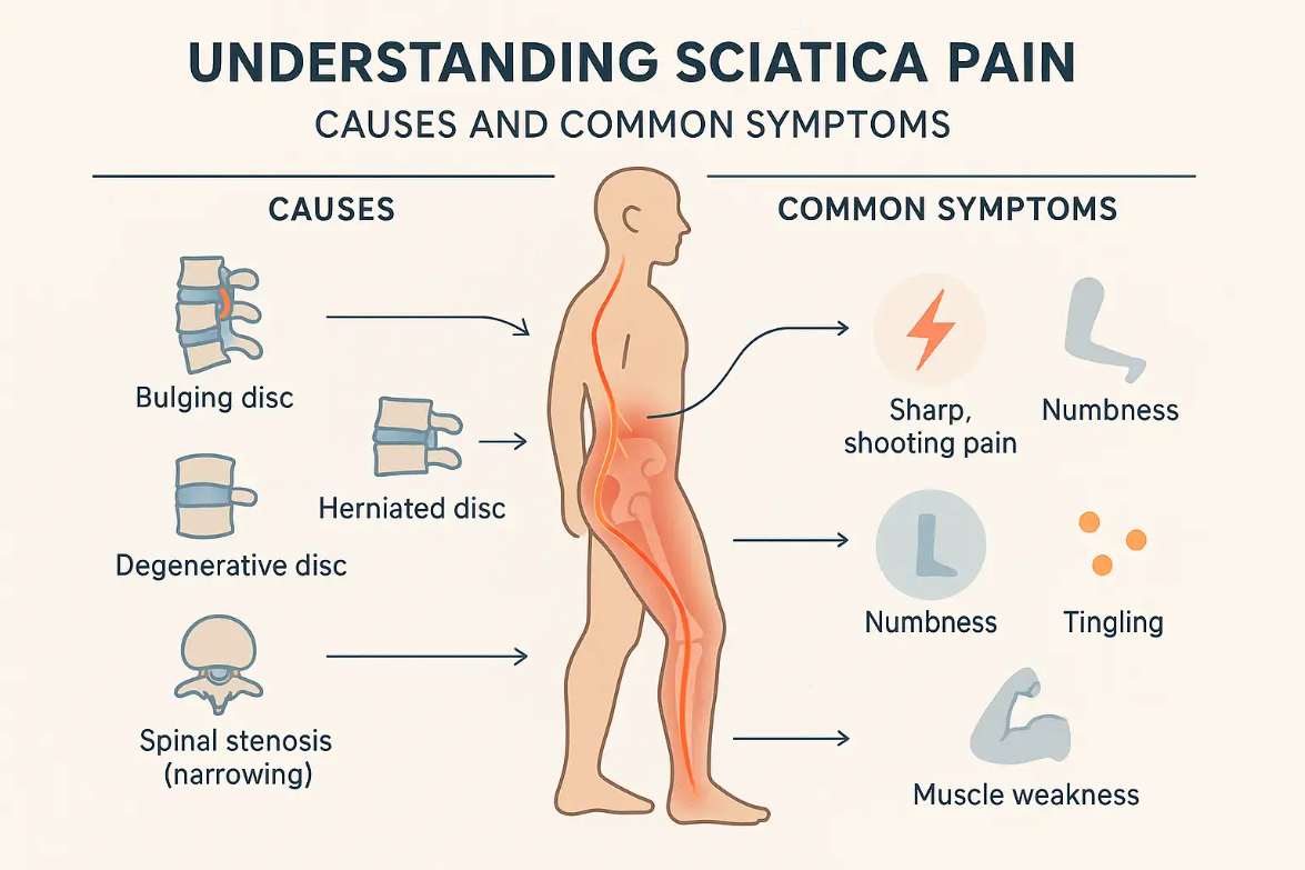Educational infographic showing a side-view figure with the sciatic nerve highlighted from spine to leg, pain zones marked in red, and causes including herniated disc, spinal stenosis, and degenerative changes. Common symptoms like shooting pain, numbness, tingling, and weakness are illustrated with clear icons.