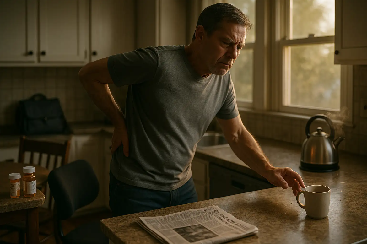 A middle-aged person stands in a kitchen at sunrise, pausing mid-reach with a pained expression and hand clutching their lower back. Everyday items—prescription bottles, mug, cushion, work bag—emphasize the daily challenges and emotional toll of chronic back pain.