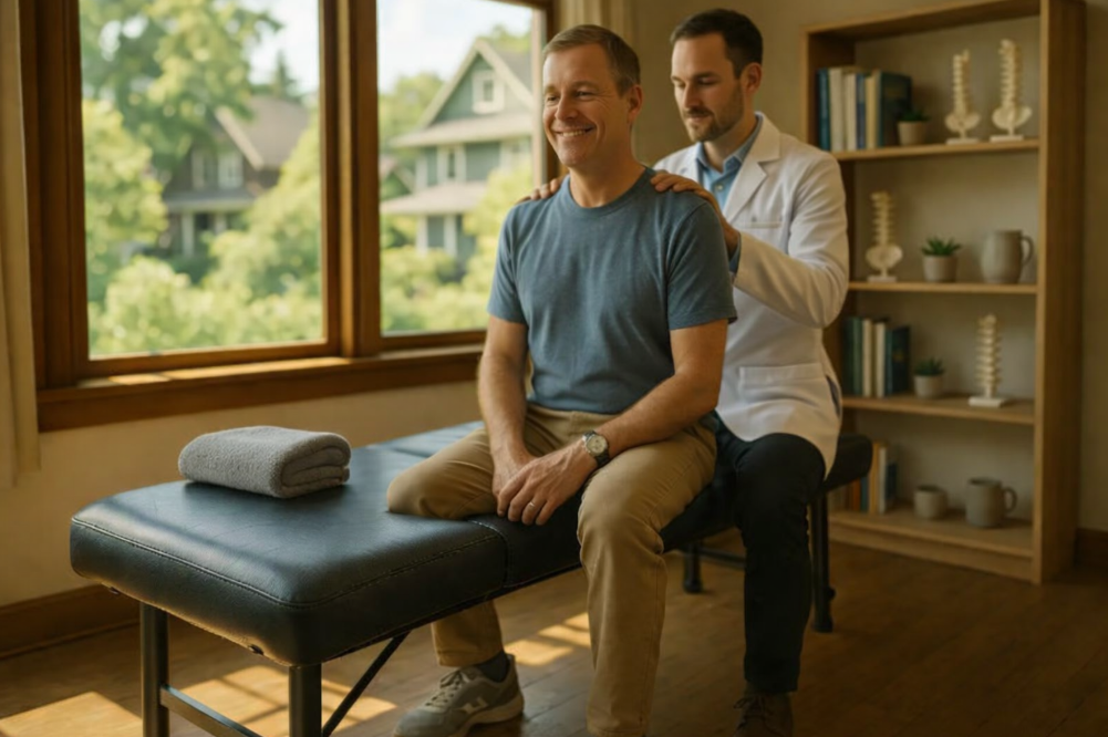Chiropractor in white coat checks a smiling patient's spine on a leather adjustment table in a sunlit Tampa clinic. Large windows reveal Pacific Northwest greenery and Craftsman homes. Interior features wellness books, spine models, succulents, and a welcoming, comfortable atmosphere.