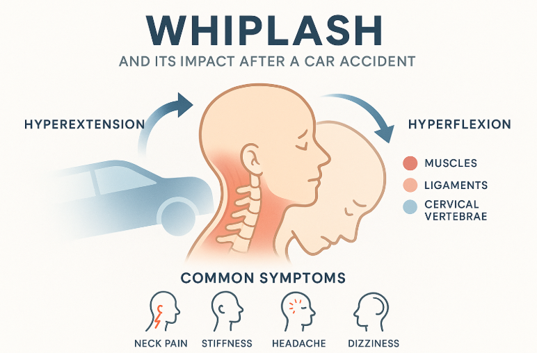Infographic explaining whiplash after a car accident, showing neck injury mechanics, labeled hyperextension and hyperflexion, and icons for common symptoms like neck pain, stiffness, headaches, and dizziness. Calming blue, red, and gray colors enhance accessibility; ideal for patient education.