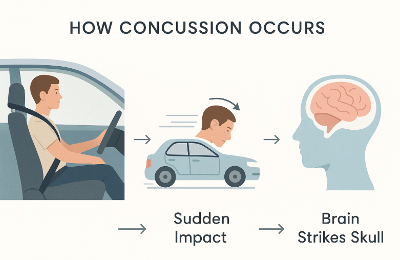 Educational infographic showing how concussions occur in a car accident: a person seated, the car abruptly stops with the head jerking, and a brain inside a head showing the impact area. Arrows and labels explain each stage in a clean, modern design.