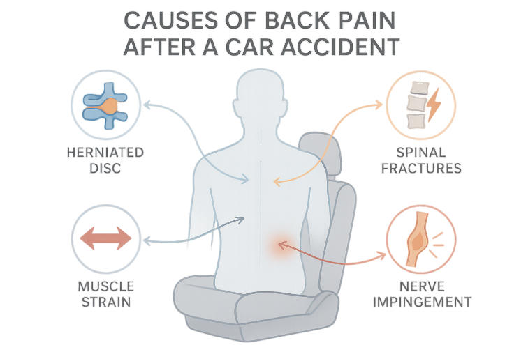 Minimalist infographic showing a human back above a car seat, with icons for a herniated disc, spinal fractures, muscle strain, and nerve impingement. Arrows and clear labels explain common causes of back pain after a car accident on a clean white background.