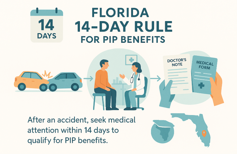 nfographic showing Florida&rsquo;s 14-Day Rule for PIP: calendar with '14 Days', car accident illustration, patient visiting doctor, documents required, arrows connecting each step, and a highlighted Florida state map. Modern, clear design with blue and orange color sections on a white background.