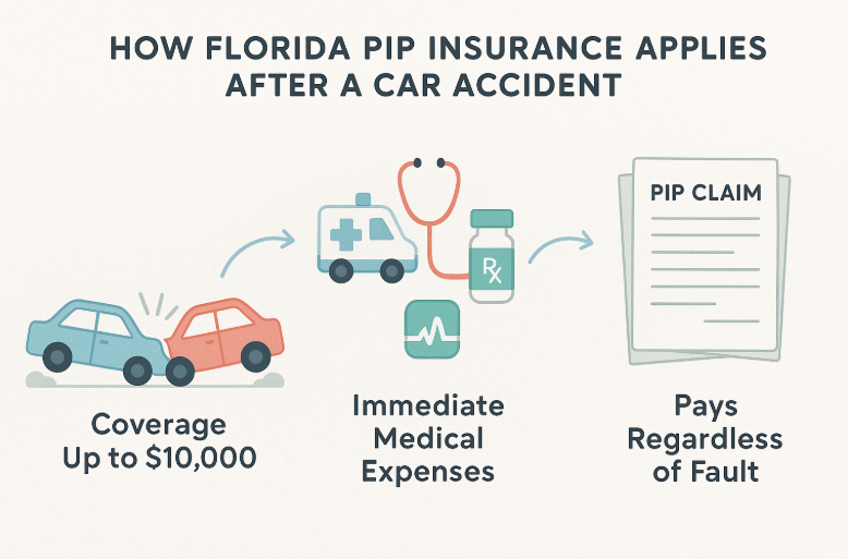 Minimalist infographic visually explaining Florida PIP insurance after a car accident. Features a fender bender scene, medical expense icons, and a PIP claim document, all connected by gentle blue arrows. Labels highlight coverage limits, no-fault benefits, and immediate medical expenses.
