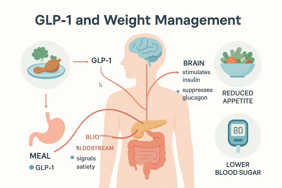 nfographic showing the science of GLP-1 in weight management, with a human silhouette highlighting the gut, pancreas, and brain, arrows indicating hormone flow, labeled steps, reduced appetite and blood sugar icons, and a clean, pastel color palette for educational clarity.