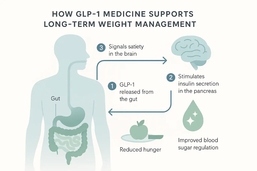 Illustration depicting how GLP-1 medications support long-term weight management, showing a human silhouette with labeled arrows indicating the processes of GLP-1 release from the gut, stimulation of insulin secretion in the pancreas, and signaling of satiety in the brain, alongside icons for reduced hunger and improved blood sugar regulation.
