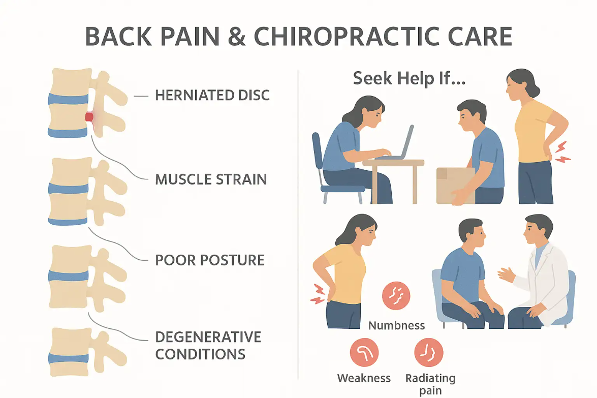Infographic illustrating causes of back pain—herniated disc, muscle strain, poor posture, degenerative conditions—and signs to seek chiropractic help.