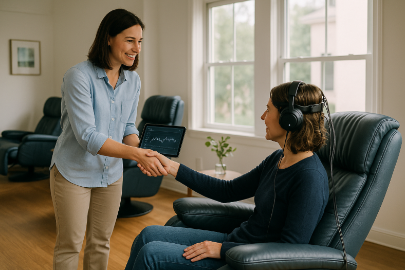 A sunlit, modern neurofeedback clinic in Tampa featuring ergonomic chairs with advanced headsets, a clinician warmly greeting a client with brainwave data on a tablet, polished wood floors, fresh greenery, and subtle details, creating a tranquil, welcoming atmosphere for personalized wellness services."