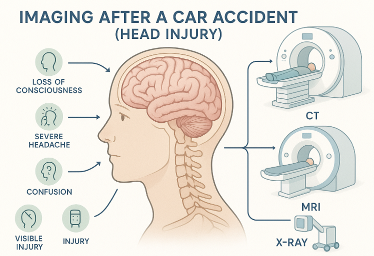 Educational infographic showing human head anatomy after a car accident, with labeled diagrams of CT scan, MRI, and X-ray imaging. Symptoms like headache, confusion, and visible injury are linked by arrows to appropriate imaging modalities, using clear icons on a clean, medical-themed background.