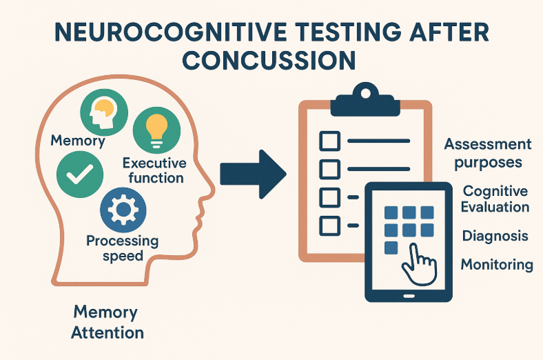 Minimalist infographic illustrating neurocognitive testing after concussion. Shows a human head diagram with icons for memory, attention, processing speed, and executive function. An arrow points to a clipboard and tablet displaying test interfaces. Side panels outline assessment purposes in a clean blue, green, and yellow layout.