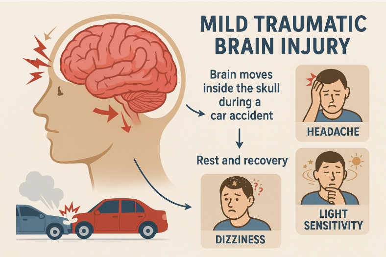 Educational infographic of a human head and brain impacted by a car accident, showing how mild traumatic brain injury occurs with highlighted symptoms, explanatory labels on injury mechanisms, and recovery steps for patient awareness.