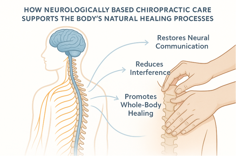 Minimalist infographic showing gentle chiropractic hands adjusting the upper spine, with arrows linking to the nervous system diagram. Callouts explain restoring neural communication, reducing interference, and promoting whole-body healing. Soft blue gradients, clear vectors, and modern font evoke trust in neurologically based care.