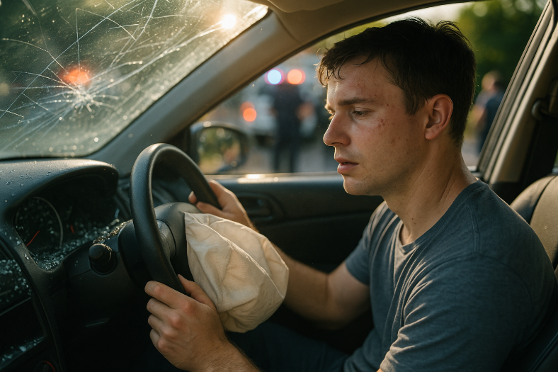 A young driver with a dazed expression sits in a damaged car, showing signs of concussion after a car accident. Cracked windshield, scattered glass, and blurred emergency lights in the background emphasize concussion awareness and safety.