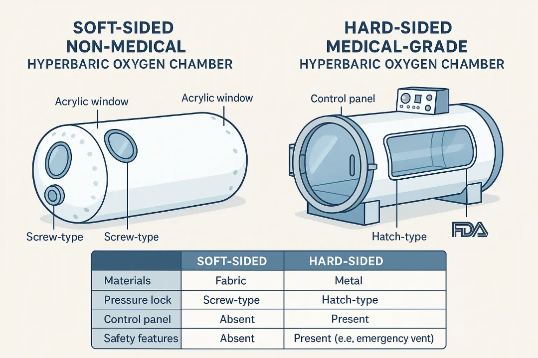 nfographic showing a cutaway of a home-use hyperbaric oxygen chamber with labeled step-by-step usage instructions and benefit icons for increased energy, faster recovery, and relaxation.