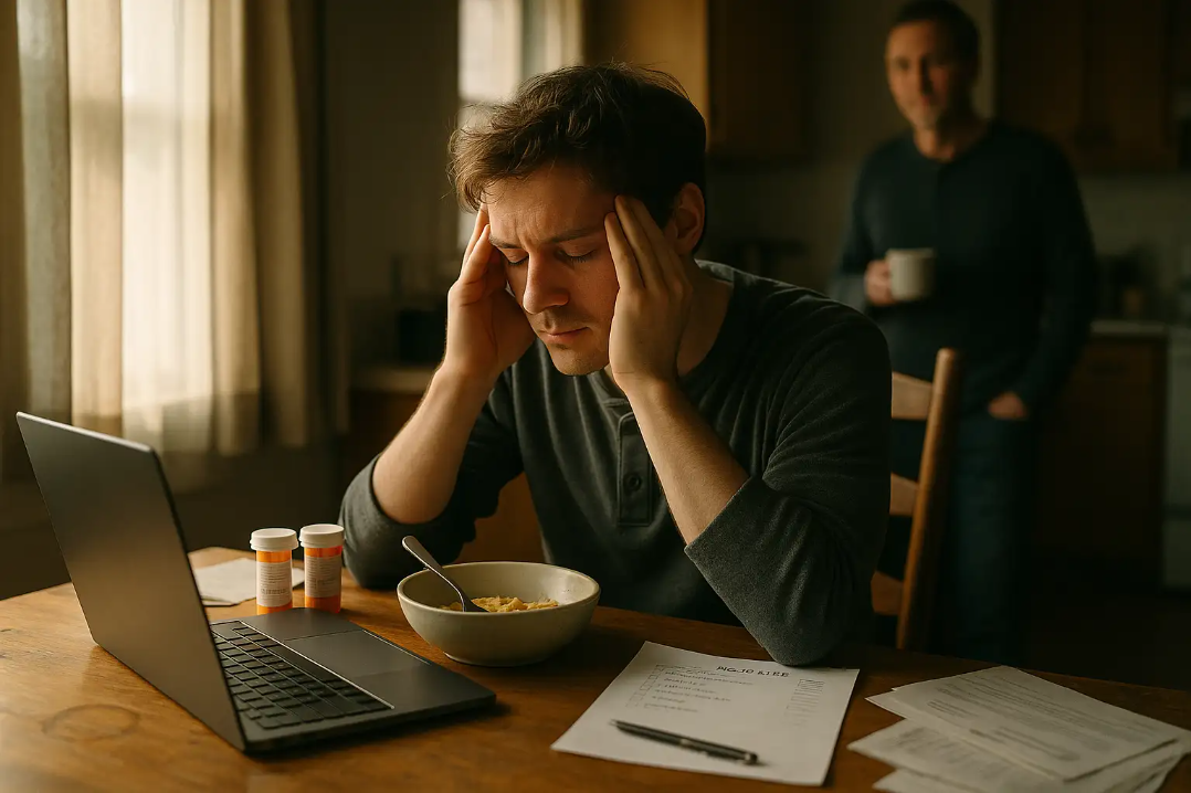 A young adult with post-concussion syndrome sits at a kitchen table in morning light, head in hands, visibly fatigued, surrounded by medication, a half-finished meal, and a supportive family member in the background, capturing daily challenges and emotional impact.