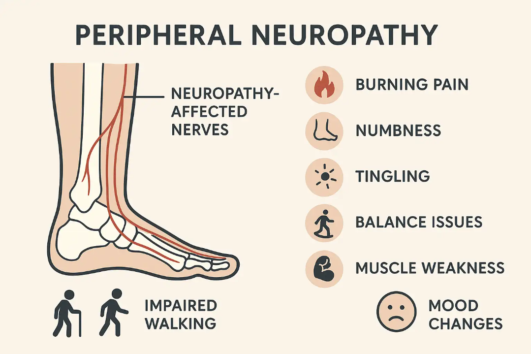 Minimalist infographic of a leg and foot cross-section, highlighting affected nerves in peripheral neuropathy, with icons for burning pain, numbness, tingling, balance problems, muscle weakness, and pictograms illustrating impaired walking and mood changes.