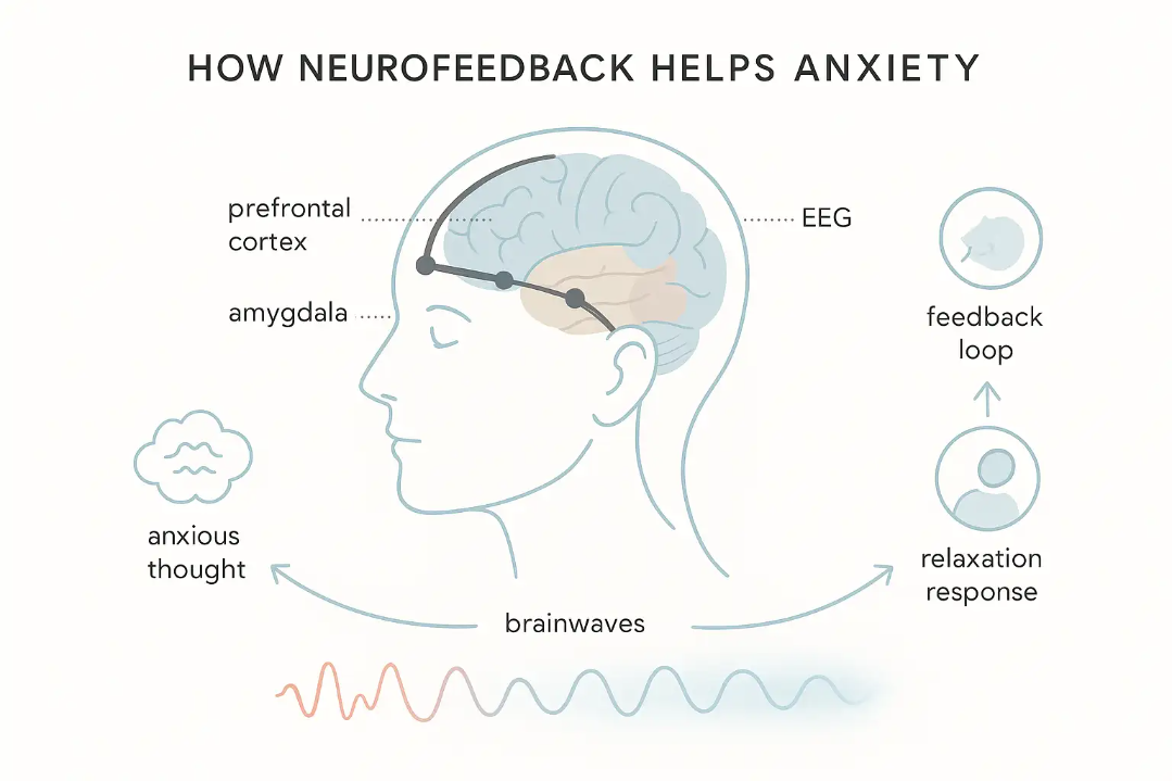 nfographic showing a stylized brain cross-section with an EEG headset, color-coded regions for anxiety regulation, and icons illustrating the neurofeedback process, brainwave changes, and relaxation&mdash;designed to explain how neurofeedback aids in anxiety management. Modern, accessible, educational layout on a white background