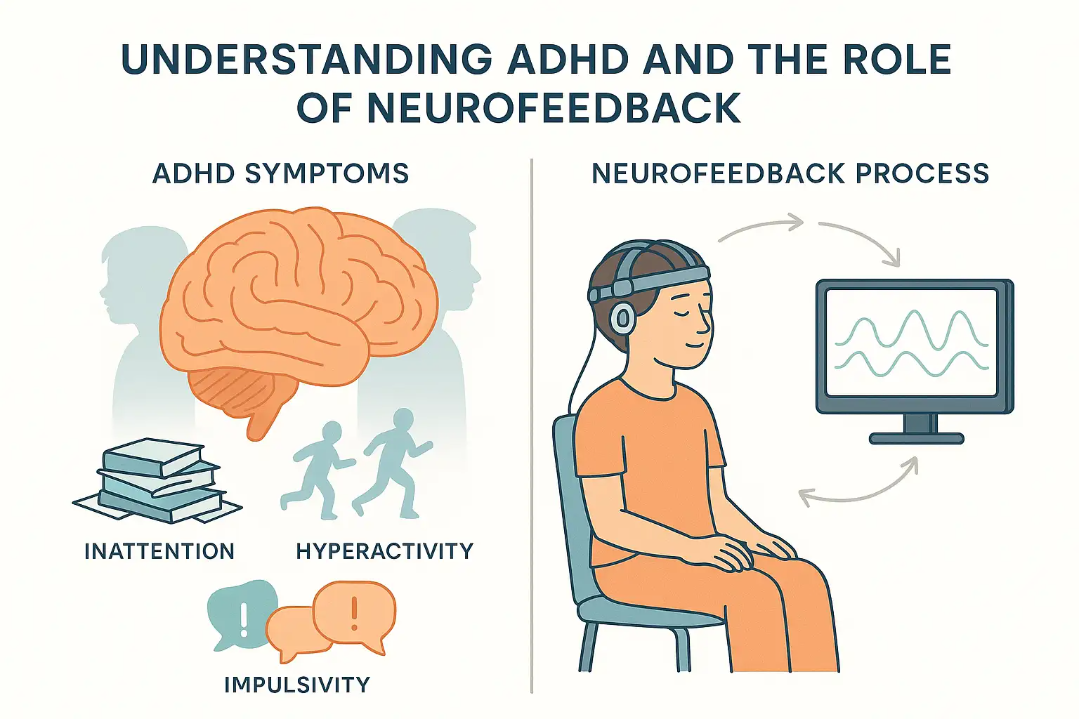 Educational infographic divided vertically: left shows a brain overlaying child and adult outlines with icons for ADHD symptoms; right depicts person with EEG headset and feedback loop, labeled 'ADHD Symptoms' and 'Neurofeedback Process