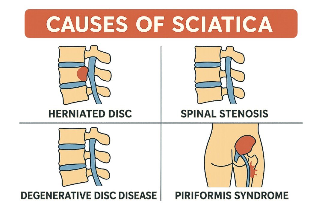 Illustration of causes of sciatica, featuring herniated disc, spinal stenosis, degenerative disc disease, and piriformis syndrome, emphasizing chiropractic treatment options for pain relief.